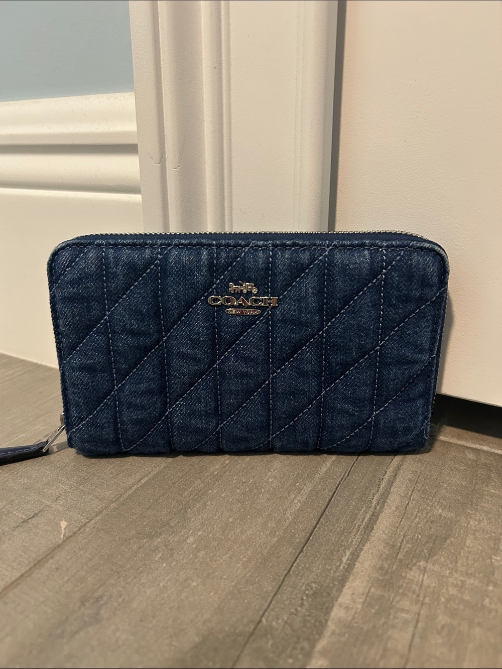 Coach Quilted Denim Zip Wallet - Navy Blue with Gold Logo